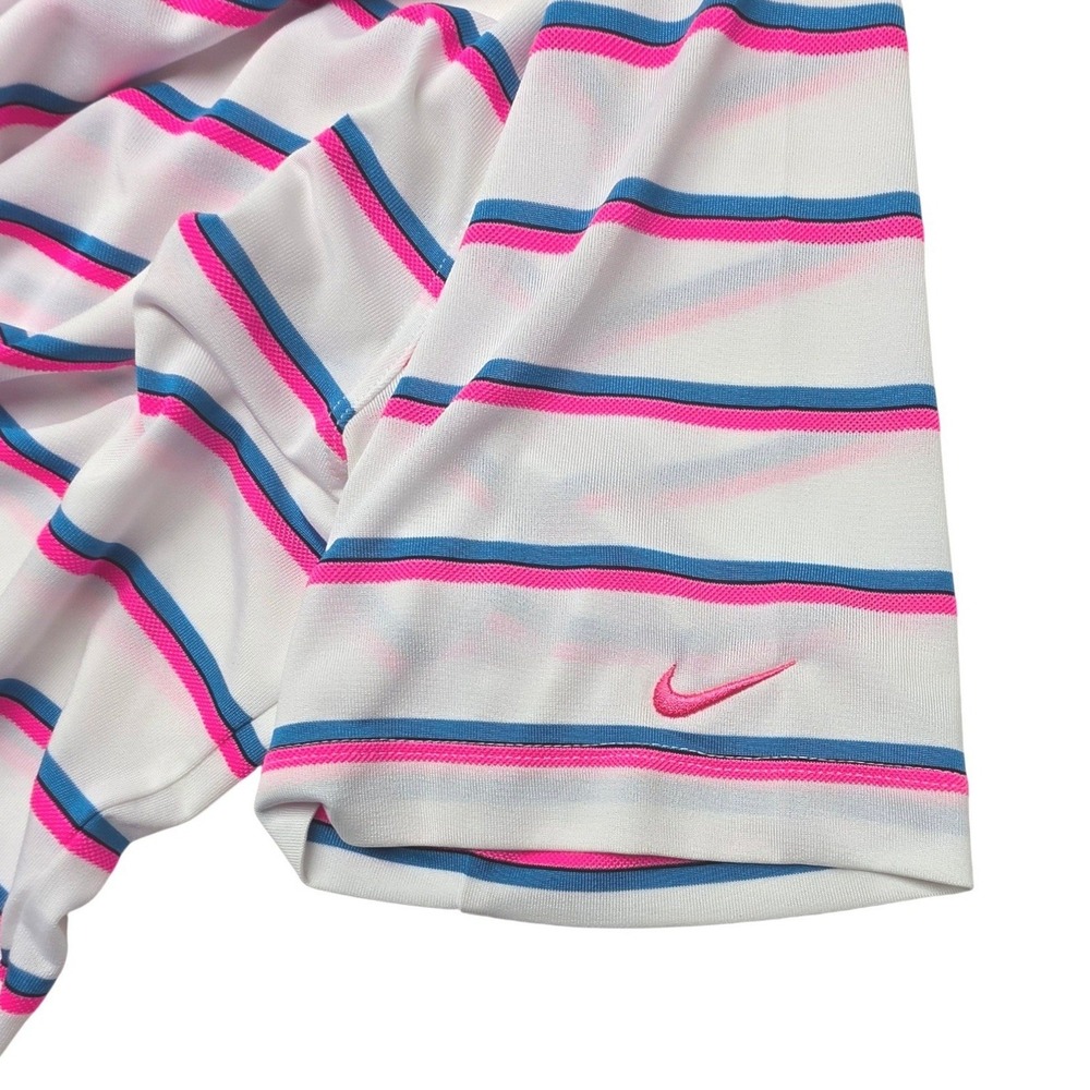 Nike Golf Dri-FIT Mens Large White Pink Blue Striped Polo Shirt 520560-101 - Picture 8 of 12